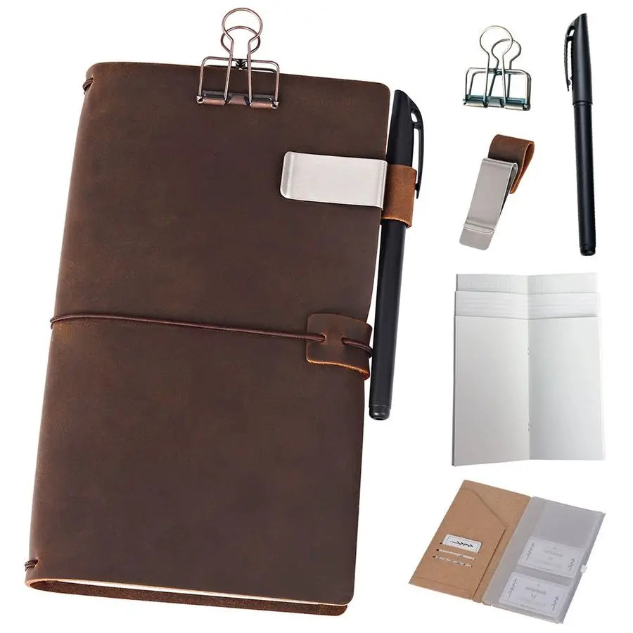 Refillable Leather Journal Travelers Notebook 8.5 x 4.5 Travel Diary with 5 Inserts Pen Holder and Binder Clip, Standard Size, B