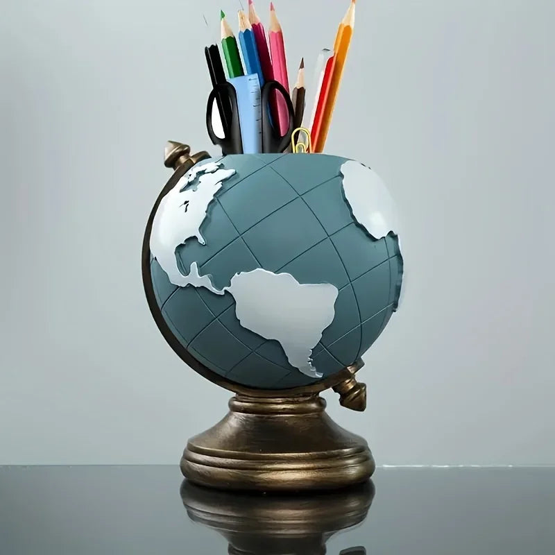 Creative Globe Pen Holder Resin Desk Organizer for Office and Home Decor Unique Geographic Pen and Pencil Storage